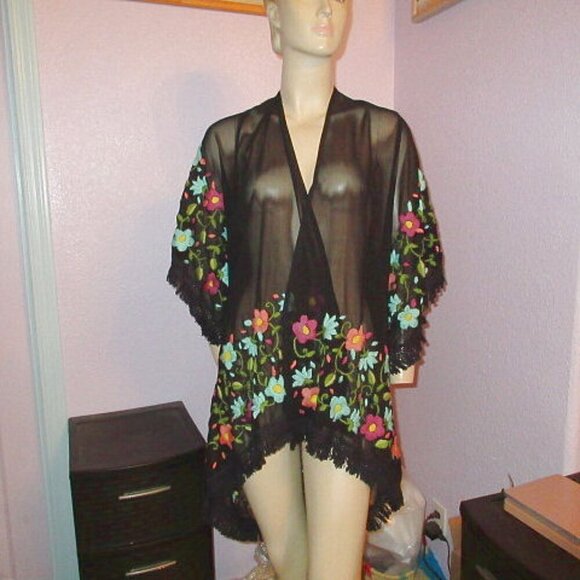 Judith March EMBROIDERED Cardigan KIMONO Size M MESH Sheer CROCHET Layering BOHO - Picture 1 of 11